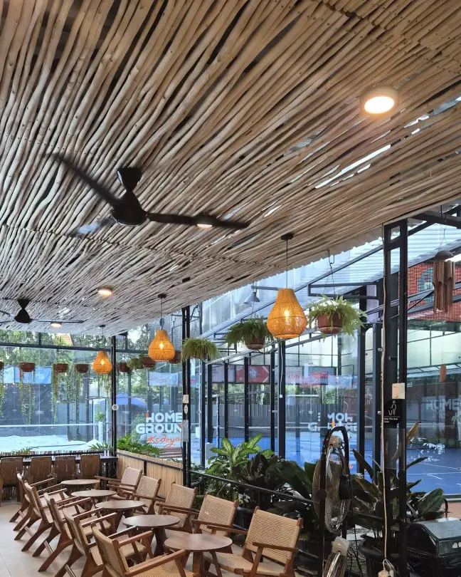 Rows of wooden chairs in the café